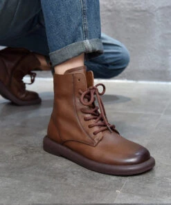 Cowhide Leather Boots Brown Casual Splicing Cross Strap ML1712