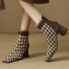 French Brown Plaid Splicing Chunky Boots -Ada Fashion Cowhide Leather French Brown Plaid Splicing Chunky Boots Ada Fashion 173746373