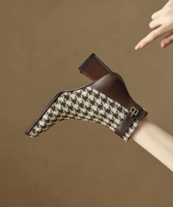 French Brown Plaid Splicing Chunky Boots -Ada Fashion Cowhide Leather French Brown Plaid Splicing Chunky Boots Ada Fashion 173746555