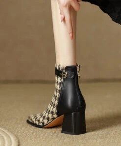 French Brown Plaid Splicing Chunky Boots -Ada Fashion Cowhide Leather French Brown Plaid Splicing Chunky Boots Ada Fashion 173746690