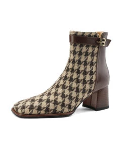 French Brown Plaid Splicing Chunky Boots -Ada Fashion Cowhide Leather French Brown Plaid Splicing Chunky Boots Ada Fashion 173746797