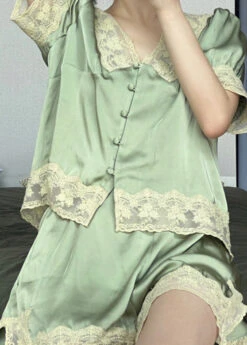 Cute Green V Neck Lace Patchwork Ice Silk Pajamas Two Piece Set Summer LY1916 -Ada Fashion Cute Green V Neck Lace Patchwork Ice Silk Pajamas Two Piece Set Summer4 3f61136c 1e43 44a9 8c24 d14559e6715f