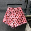 Cute Pink Strawberry Print Pockets Denim Shorts Summer ML0760