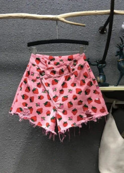 Cute Pink Strawberry Print Pockets Denim Shorts Summer ML0760