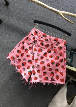 Cute Pink Strawberry Print Pockets Denim Shorts Summer ML0760 -Ada Fashion Cute Pink Strawberry Print Pockets Denim Shorts Summer Ada Fashion 163926167