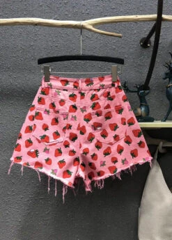 Cute Pink Strawberry Print Pockets Denim Shorts Summer ML0760 -Ada Fashion Cute Pink Strawberry Print Pockets Denim Shorts Summer Ada Fashion 163926280