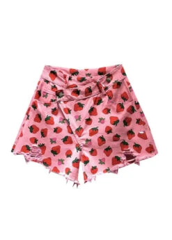 Cute Pink Strawberry Print Pockets Denim Shorts Summer ML0760 -Ada Fashion Cute Pink Strawberry Print Pockets Denim Shorts Summer Ada Fashion 163926330