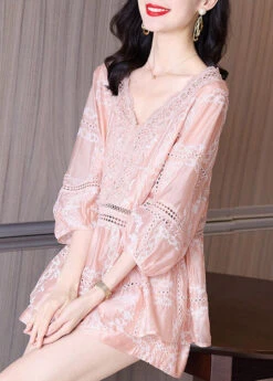 Cute Pink V Neck Lace Patchwork Chiffon Shirts And Shorts Two Piece Set Summer TI1061 -Ada Fashion Cute Pink V Neck Lace Patchwork Chiffon Shirts And Shorts Two Piece Set Summer3