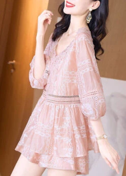 Cute Pink V Neck Lace Patchwork Chiffon Shirts And Shorts Two Piece Set Summer TI1061 -Ada Fashion Cute Pink V Neck Lace Patchwork Chiffon Shirts And Shorts Two Piece Set Summer4