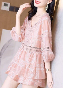 Cute Pink V Neck Lace Patchwork Chiffon Shirts And Shorts Two Piece Set Summer TI1061 -Ada Fashion Cute Pink V Neck Lace Patchwork Chiffon Shirts And Shorts Two Piece Set Summer5