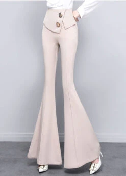 DIY Beige Button Solid High Waist Draping Bell Bottomed Trousers Spring LY0171