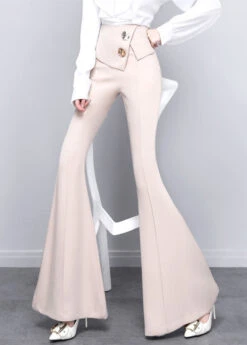 DIY Beige Button Solid High Waist Draping Bell Bottomed Trousers Spring LY0171 -Ada Fashion DIY Beige Button Solid High Waist Draping Bell Bottomed Trousers Spring3