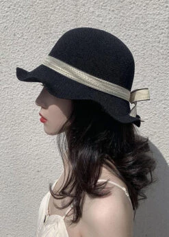 DIY Black Bow Patchwork Straw Woven Bucket Hat LC0548 -Ada Fashion DIY Black Bow Patchwork Straw Woven Bucket Hat3
