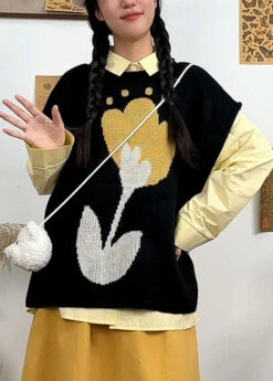 DIY Black O-Neck Floral Knit Waistcoat Fall ML2169