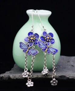 DIY Blue Sterling Silver Butterfly Floral Tassel Drop Earrings LY2028