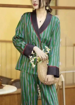 DIY Green Striped Peter Pan Collar Ice Silk Pajamas Two Piece Set Long Sleeve LY1883 -Ada Fashion DIY Green Striped Peter Pan Collar Ice Silk Pajamas Two Piece Set Long Sleeve3 92ddee55 75c4 44b3 add7 4740464e5dfc