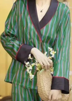 DIY Green Striped Peter Pan Collar Ice Silk Pajamas Two Piece Set Long Sleeve LY1883 -Ada Fashion DIY Green Striped Peter Pan Collar Ice Silk Pajamas Two Piece Set Long Sleeve5 a8330251 be84 4559 ad3c 906f840f1e6b