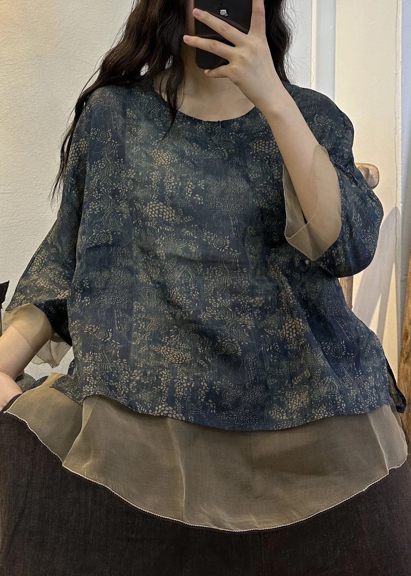 DIY Navy O Neck Print Patchwork Linen Blouses Summer LY7870 3 DIY Navy O Neck Print Patchwork Linen Blouses Summer LY7870