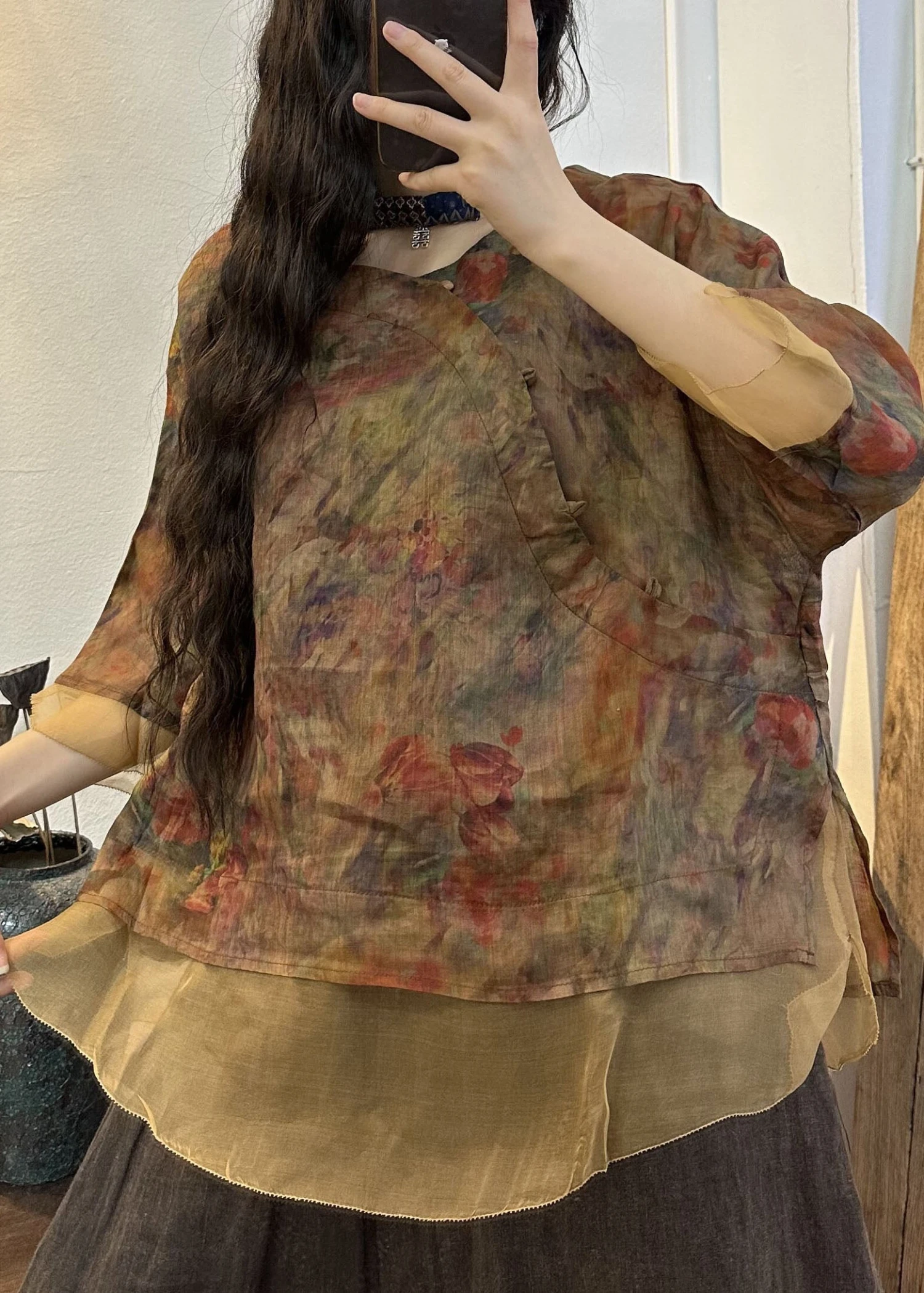 DIY Navy O Neck Print Patchwork Linen Blouses Summer LY7870 4 DIY Navy O Neck Print Patchwork Linen Blouses Summer LY7870 - Image 2