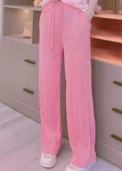 DIY Pink Pockets Zircon Patchwork Ice Silk Wide Leg Pants Summer LY3986 -Ada Fashion DIY Pink Pockets Zircon Patchwork Ice Silk Wide Leg Pants Summer3