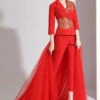 DIY Red Notched Patchwork Detachable Tulle Ribbon Coats And Crop Pants Silk Two Pieces Set Fall ML1575 -Ada Fashion DIY Red Notched Patchwork Detachable Tulle Ribbon Coats And Crop Pants Silk Two Pieces Set Fall1
