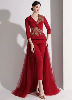 DIY Red Notched Patchwork Detachable Tulle Ribbon Coats And Crop Pants Silk Two Pieces Set Fall ML1575 -Ada Fashion DIY Red Notched Patchwork Detachable Tulle Ribbon Coats And Crop Pants Silk Two Pieces Set Fall3