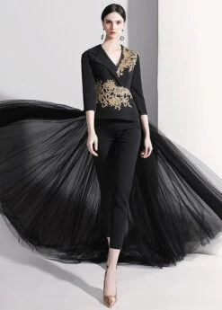 DIY Red Notched Patchwork Detachable Tulle Ribbon Coats And Crop Pants Silk Two Pieces Set Fall ML1575 -Ada Fashion DIY Red Notched Patchwork Detachable Tulle Ribbon Coats And Crop Pants Silk Two Pieces Set Fall4