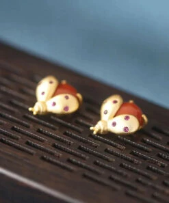 DIY Red Sterling Silver Overgild Little Bee Stud Earrings LY8565