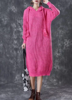 DIY Rose Hooded Drawstring Knit Pullover Sweatshirt Dress Fall ML2987