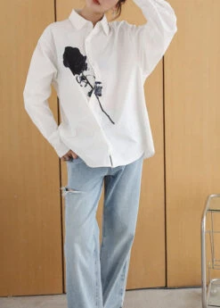 DIY White Peter Pan Collar Rose Print Cotton Shirt Tops Springs LY0755 -Ada Fashion DIY White Peter Pan Collar Rose Print Cotton Shirt Tops Springs3