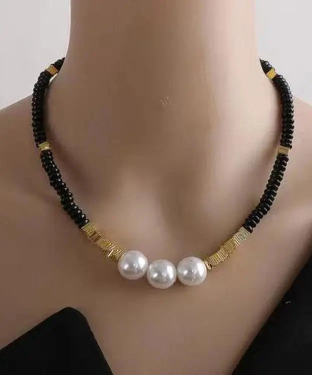 Elegant Black Alloy Pearl Beading Gratuated Bead Necklace ML1331 3 Elegant Black Alloy Pearl Beading Gratuated Bead Necklace ML1331