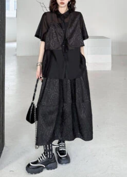 Elegant Black Jacquard Lace Up Patchwork Silk Cotton Two Piece Set Summer LY9560