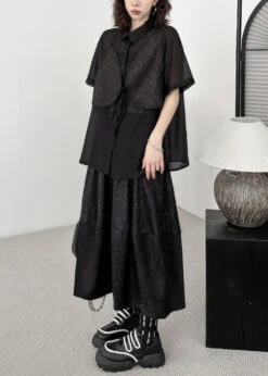 Elegant Black Jacquard Lace Up Patchwork Silk Cotton Two Piece Set Summer LY9560 -Ada Fashion Elegant Black Jacquard Lace Up Patchwork Silk Cotton Two Piece Set Summer4