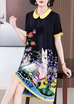 Elegant Black O-Neck Print Long A Line Dress Short Sleeve GH1014