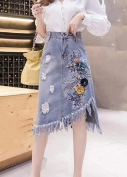 Elegant Blue Asymmetrical Patchwork Tassel Hole Denim Skirts Summer FA135