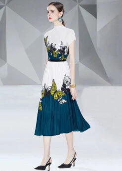 Elegant Blue Butterfly Print Patchwork Tops And Skirts Cotton Two Pieces Set Summer LY7451 -Ada Fashion Elegant Blue Butterfly Print Patchwork Tops And Skirts Cotton Two Pieces Set Summer4