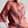 Elegant Brown Stand Collar Button Print Silk Blouses Summer QA1070 -Ada Fashion Elegant Brown Stand Collar Button Print Silk Blouses Summer1