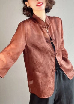 Elegant Brown Stand Collar Button Print Silk Blouses Summer QA1070 -Ada Fashion Elegant Brown Stand Collar Button Print Silk Blouses Summer3