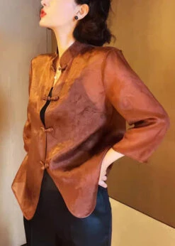 Elegant Brown Stand Collar Button Print Silk Blouses Summer QA1070 -Ada Fashion Elegant Brown Stand Collar Button Print Silk Blouses Summer4