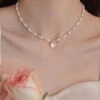Elegant Gold Sterling Silver Overgild Crystal Love Pearl Pendant Necklace KX1041