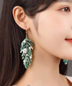 Elegant Green Copper Pearl Shell Flower Asymmetricar Leaf Drop Earrings LY2049 -Ada Fashion Elegant Green Copper Pearl Shell Flower Asymmetricar Leaf Drop Earrings3
