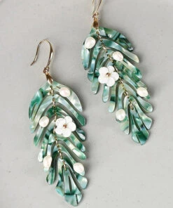 Elegant Green Copper Pearl Shell Flower Asymmetricar Leaf Drop Earrings LY2049 -Ada Fashion Elegant Green Copper Pearl Shell Flower Asymmetricar Leaf Drop Earrings5