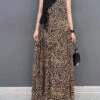 Elegant Leopard Tie Waist Top And Maxi Skirts Two Pieces Set Summer LY4370