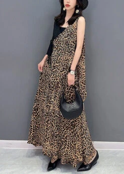 Elegant Leopard Tie Waist Top And Maxi Skirts Two Pieces Set Summer LY4370 -Ada Fashion Elegant Leopard Tie Waist Top And Maxi Skirts Two Pieces Set Summer4