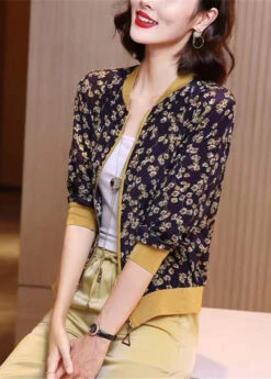 Elegant Navy Blue Print Zippere Chiffon Sunscreen Coat Long Sleeve LY3797 -Ada Fashion Elegant Navy Blue Print Zippere Chiffon Sunscreen Coat Long Sleeve3