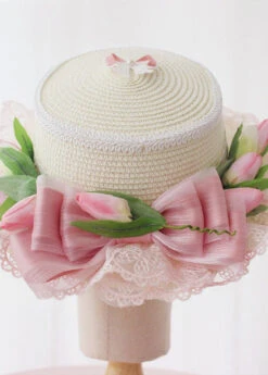 Elegant Pink Bow Lace Patchwork Straw Woven Cloche Hat LC0556 -Ada Fashion Elegant Pink Bow Lace Patchwork Straw Woven Cloche Hat3
