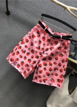 Elegant Pink High Waist Strawberry Print Patchwork Half Straight Pants ML0803 -Ada Fashion Elegant Pink High Waist Strawberry Print Patchwork Half Straight Pants Ada Fashion 163904813