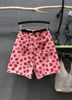 Elegant Pink High Waist Strawberry Print Patchwork Half Straight Pants ML0803 -Ada Fashion Elegant Pink High Waist Strawberry Print Patchwork Half Straight Pants Ada Fashion 163904990