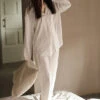 Elegant White Peter Pan Collar Button Solid Ice Silk Pajamas Two Piece Set Spring TO1040 -Ada Fashion Elegant White Peter Pan Collar Button Solid Ice Silk Pajamas Two Piece Set Spring1