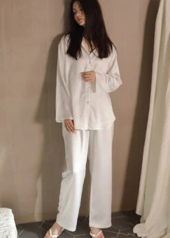 Elegant White Peter Pan Collar Button Solid Ice Silk Pajamas Two Piece Set Spring TO1040 -Ada Fashion Elegant White Peter Pan Collar Button Solid Ice Silk Pajamas Two Piece Set Spring3